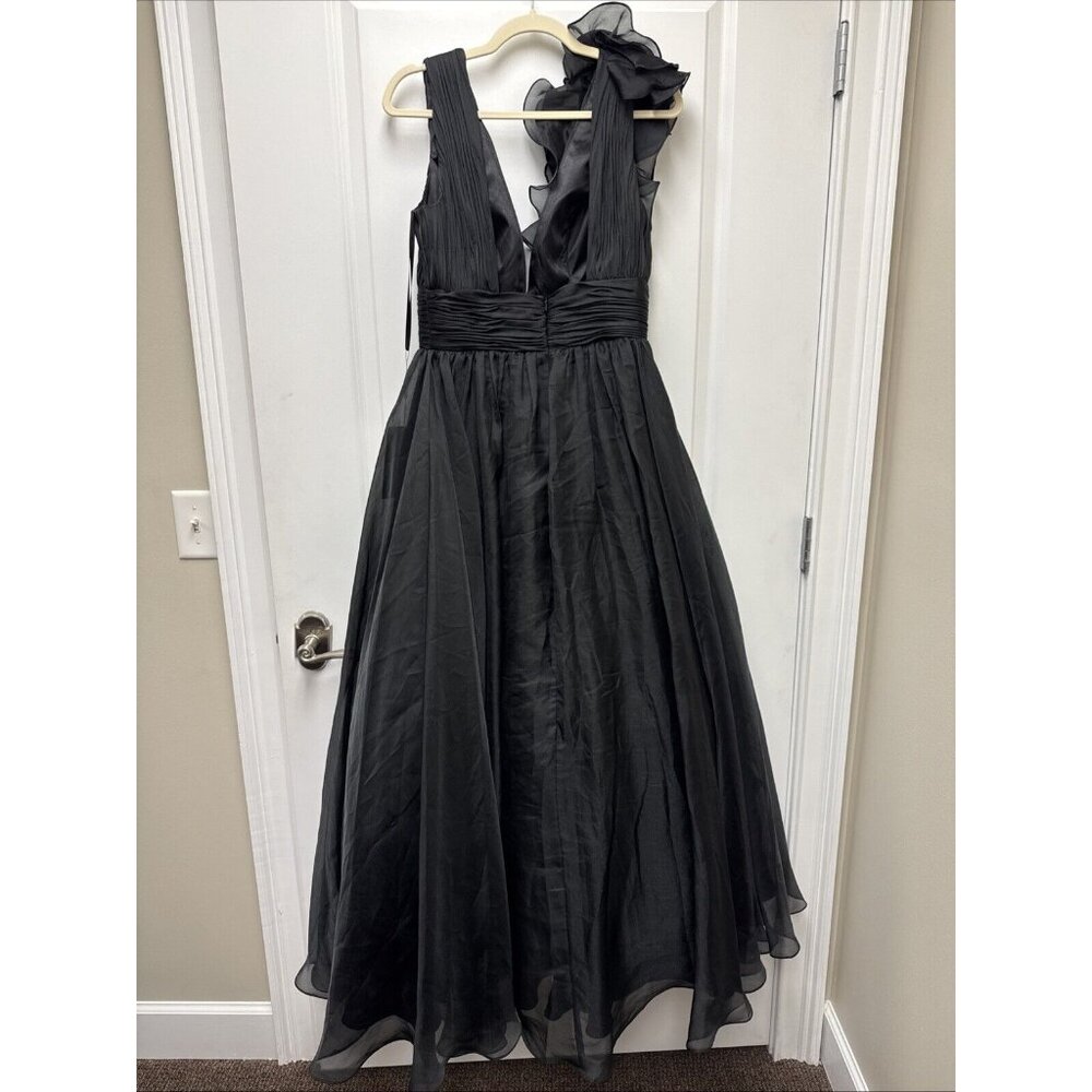 Mac Duggal Size 8 Black 48856 RUFFLE SHOULDER V-NECK CHIFFON GOWN Prom Dress New - Picture 7 of 10